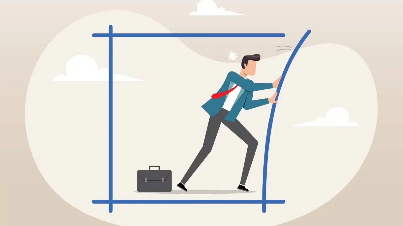 Illustration of a businessman in a box, pushing one side of the box so it bends. The illustration represents pushing yourself past your limits.