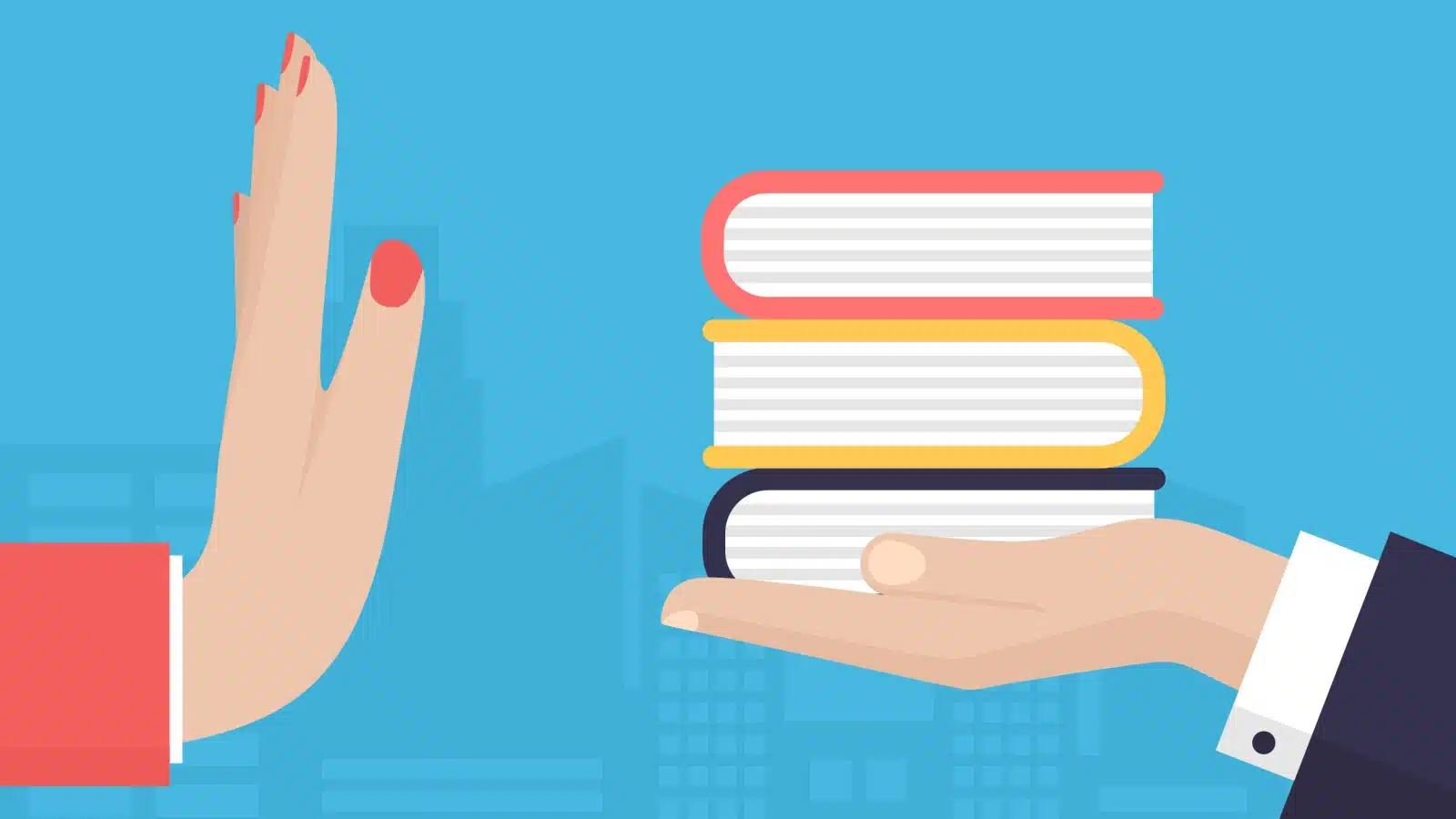 A giant hand is held straight up in the universal no gesture, refusing a pile of books being offered.