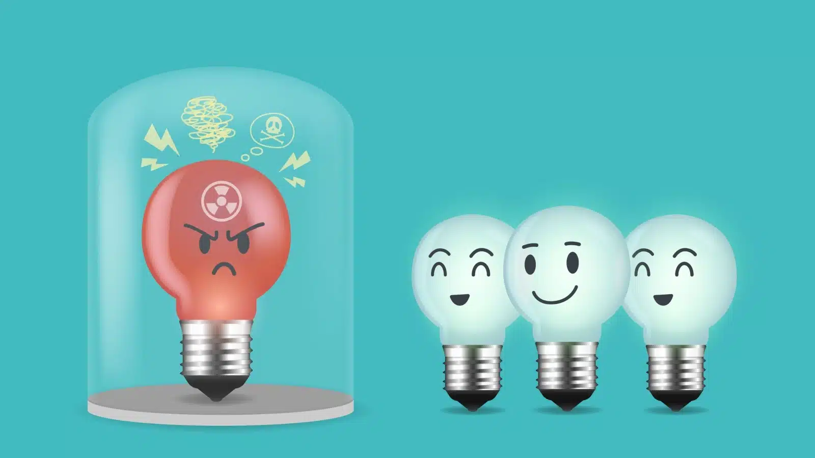 Illustration that represents removing toxic people from your life. Three happy lightbulbs have separated out a red, negative light bulb into a bubble to avoid it's toxic impacts.