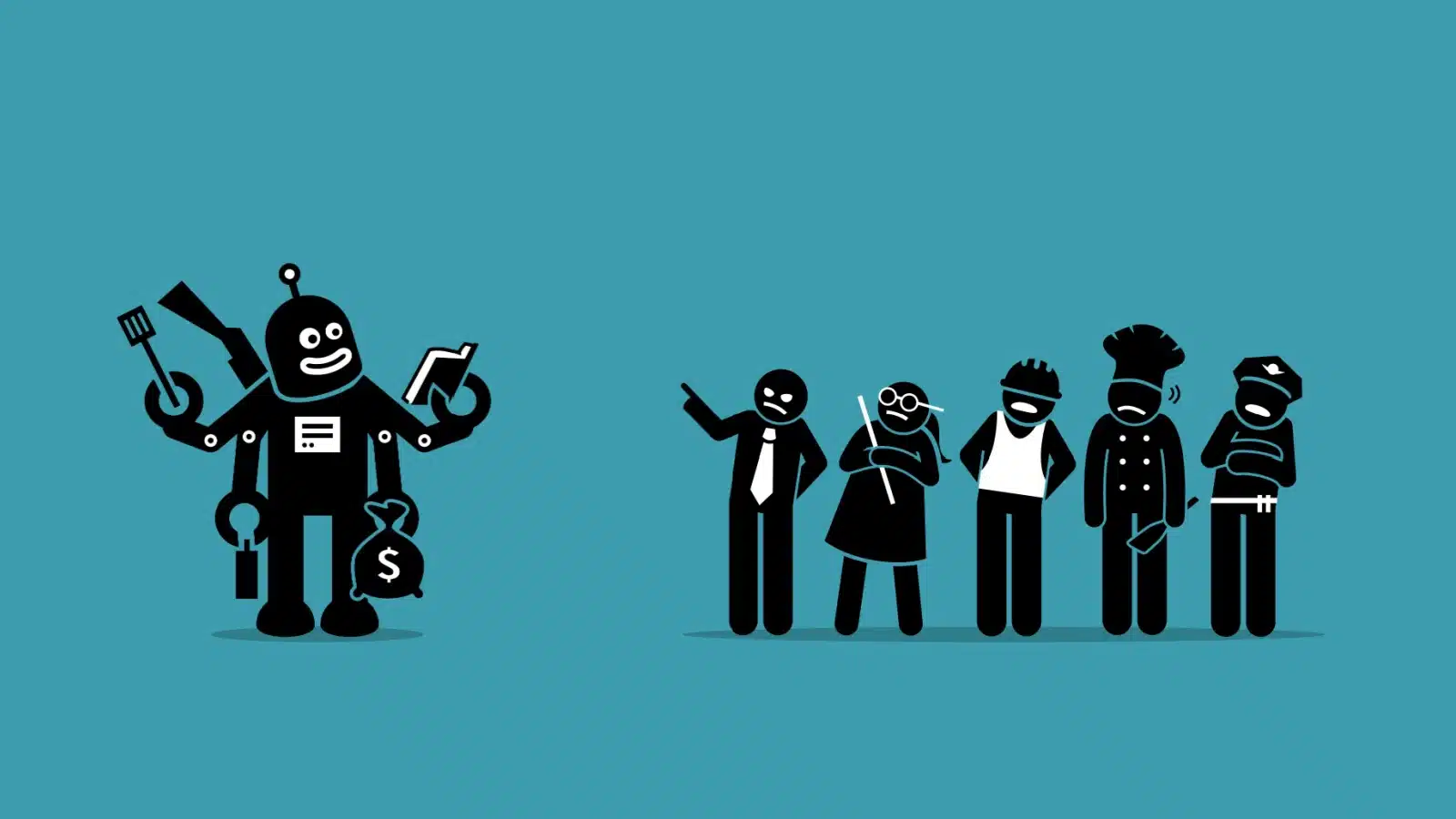 Cartoon image highlighting how a single robot can take multiple jobs. Here, a robot took jobs from a banker, teacher, construction worker, chef, and police officer.