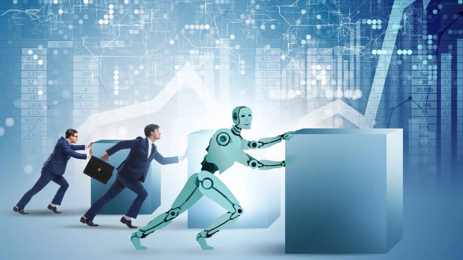 Concept art highlighting why we fear automation. Workers are threatened by automation because robots can do jobs faster.