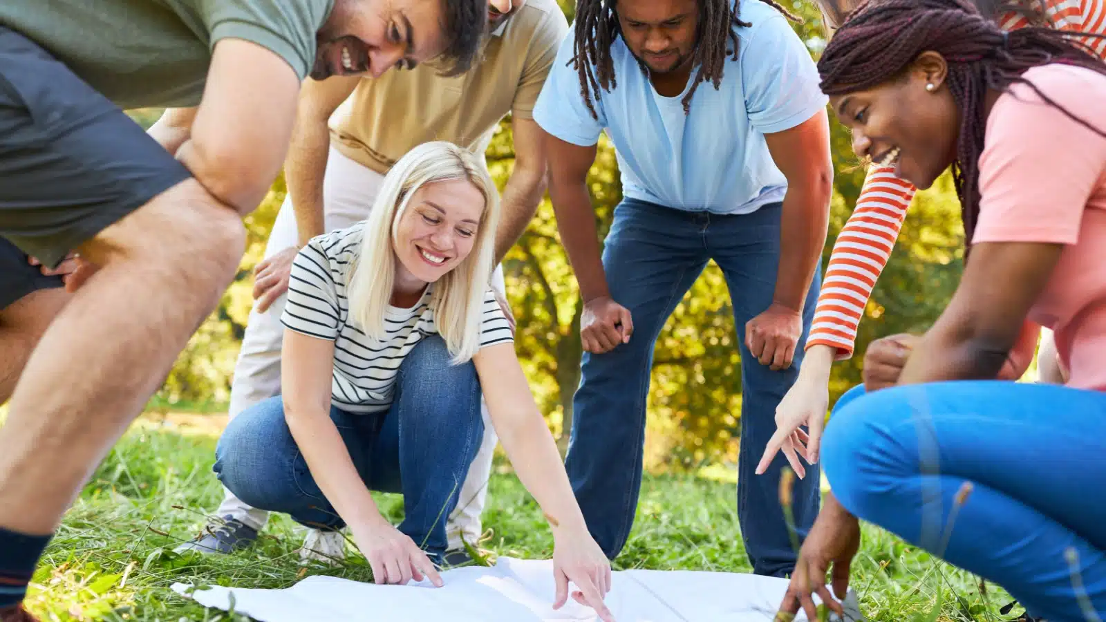 A group of friends starting a scavenger hunt.