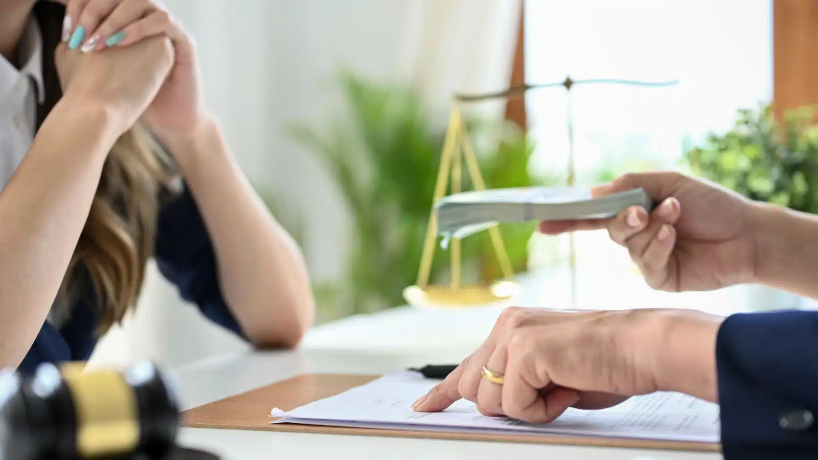 A woman speaking with a lawyer, getting money from a secret bank account. 