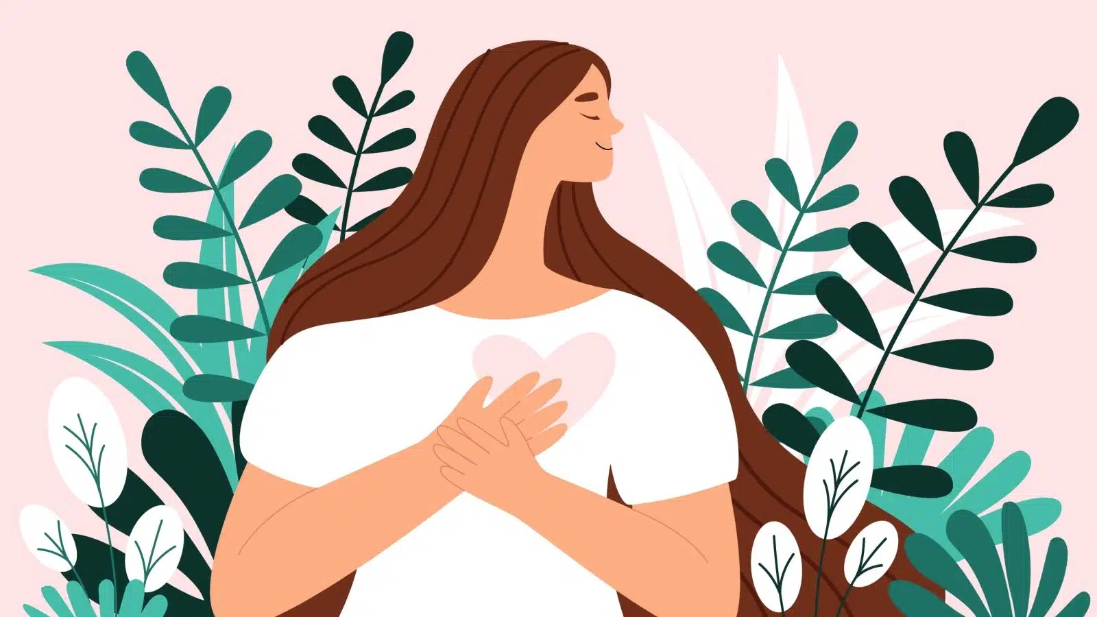 Illustration featuring a serene woman holding her heart in self acceptance.