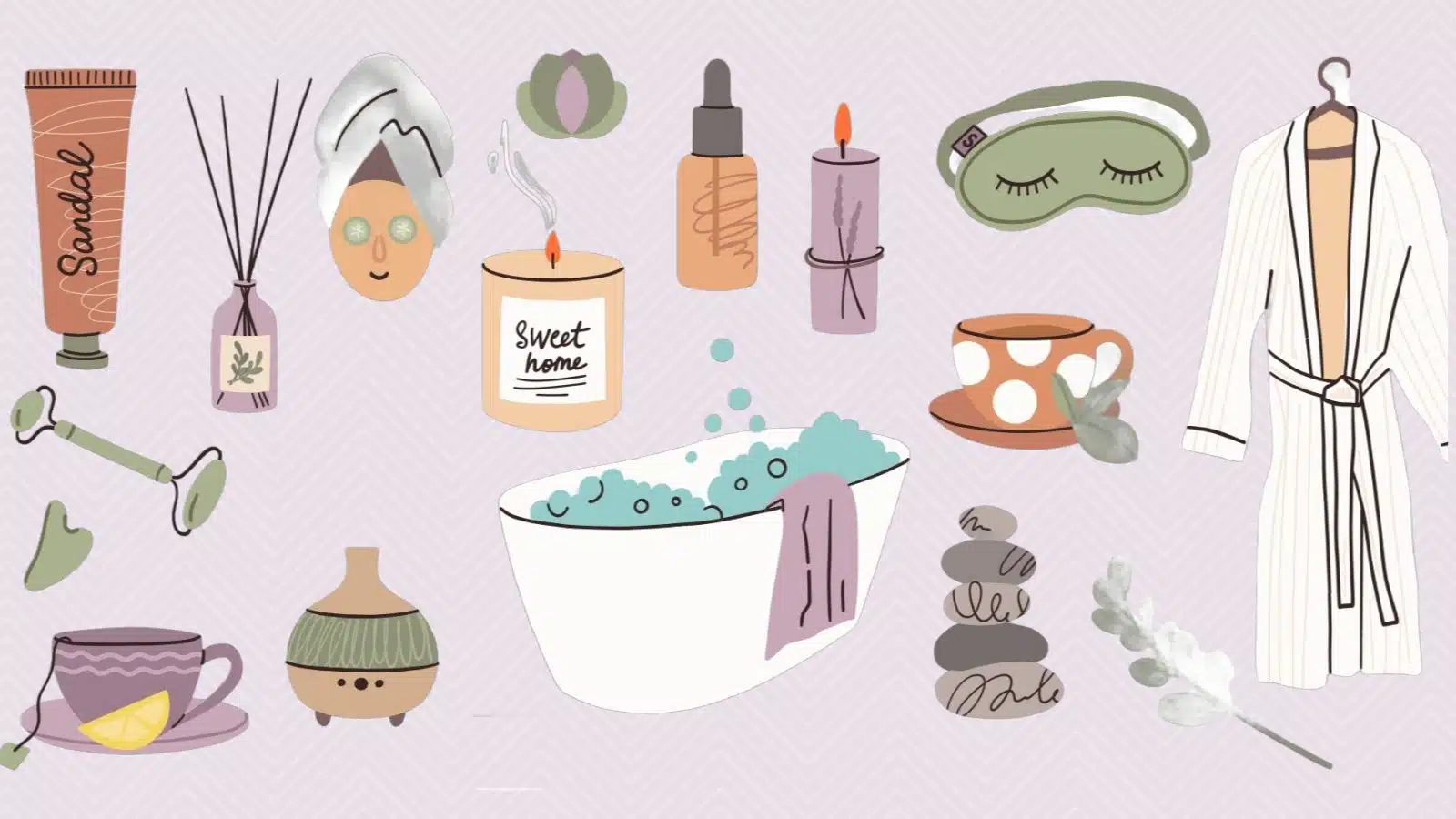 Illustration featuring a variety of self-care items on a purple background.