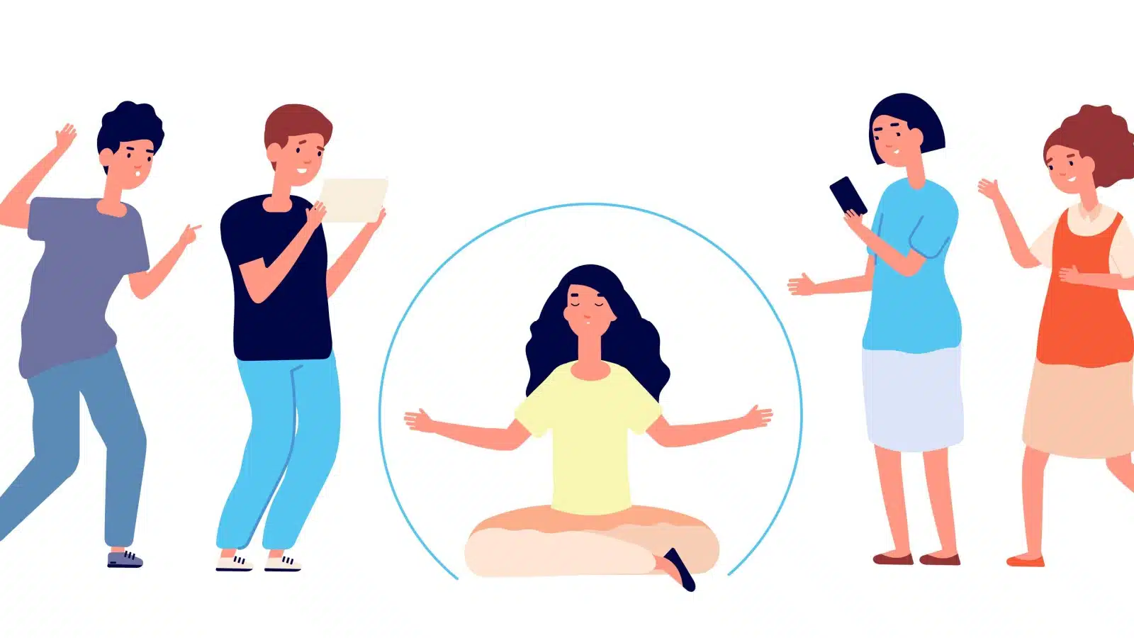 Cartoon featuring a woman calmly meditating inside her personal bubble while people around her try to get her attention. Is she selfish for ignoring them?