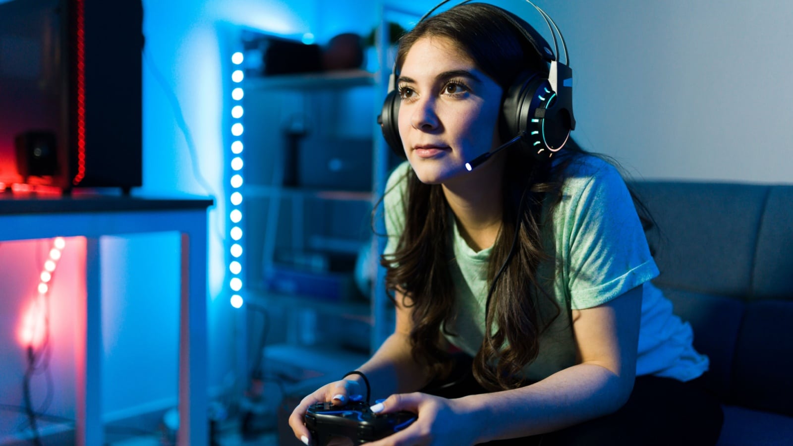 A woman engrossed in her video game.