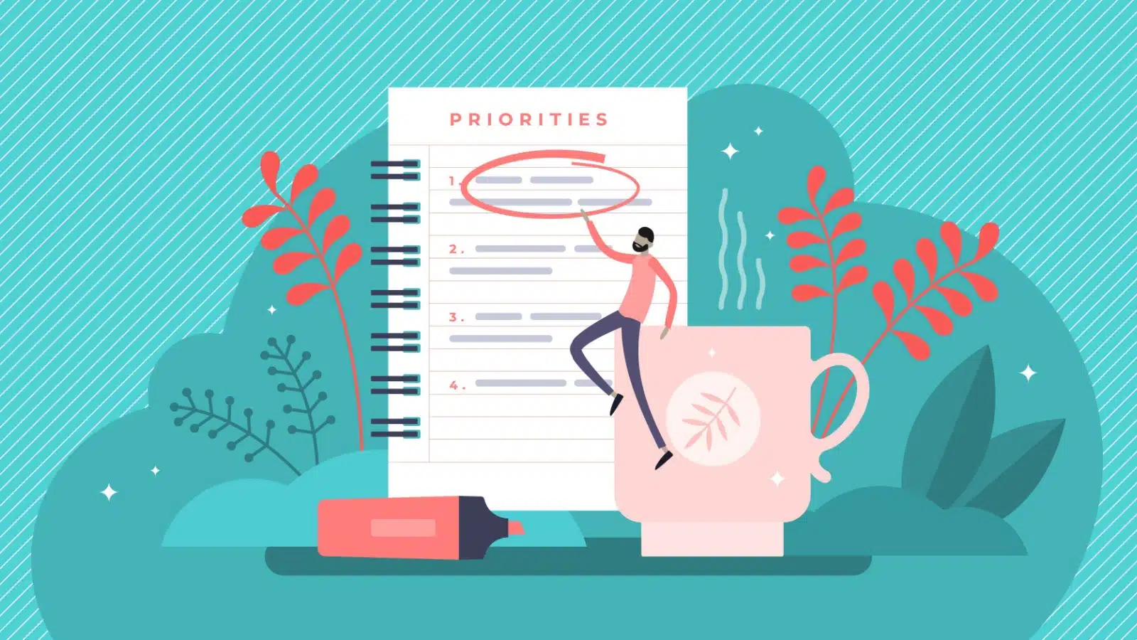 Illustration of a man setting priorities. He has a giant notepad labeled "priorities".
