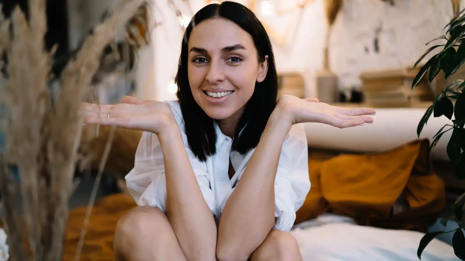 A happy woman shrugs, letting go of a minor problem that doesn't matter.