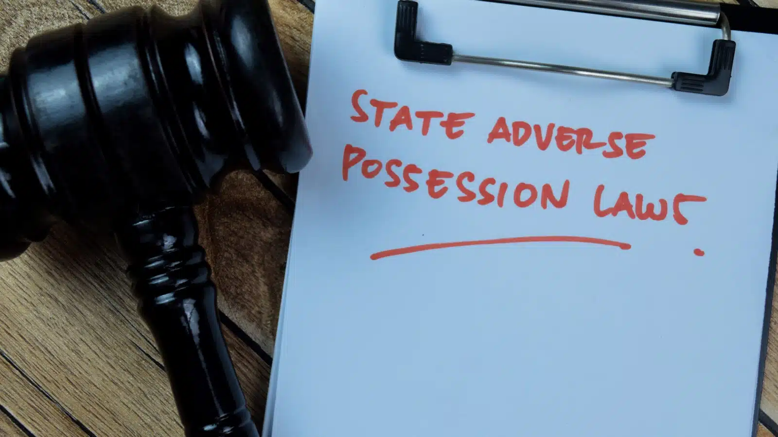 A paper labeled "State Adverse Possession Laws" is on a clipboard next to a judge's gavel.