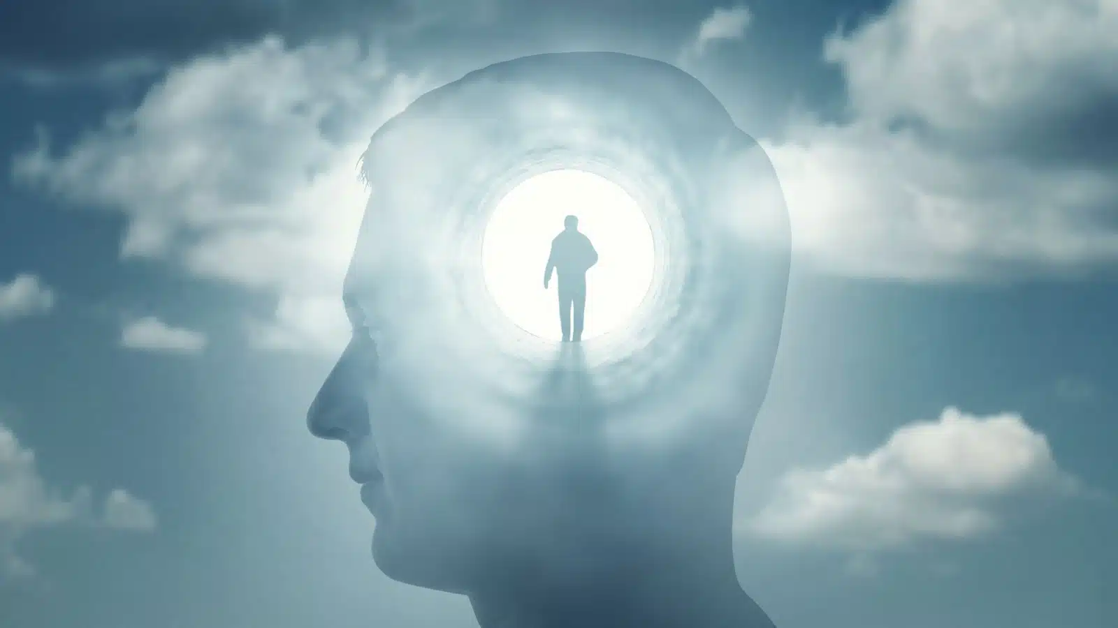 A little man inside a man's head represents his subconscious. The image of the head is floating and ethereal.