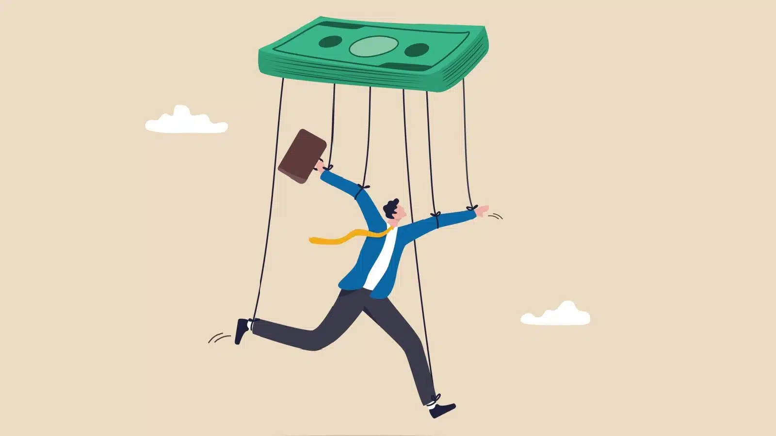 Graphic of a businessman held on puppet strings by a pile of money to represent capitalism today. 