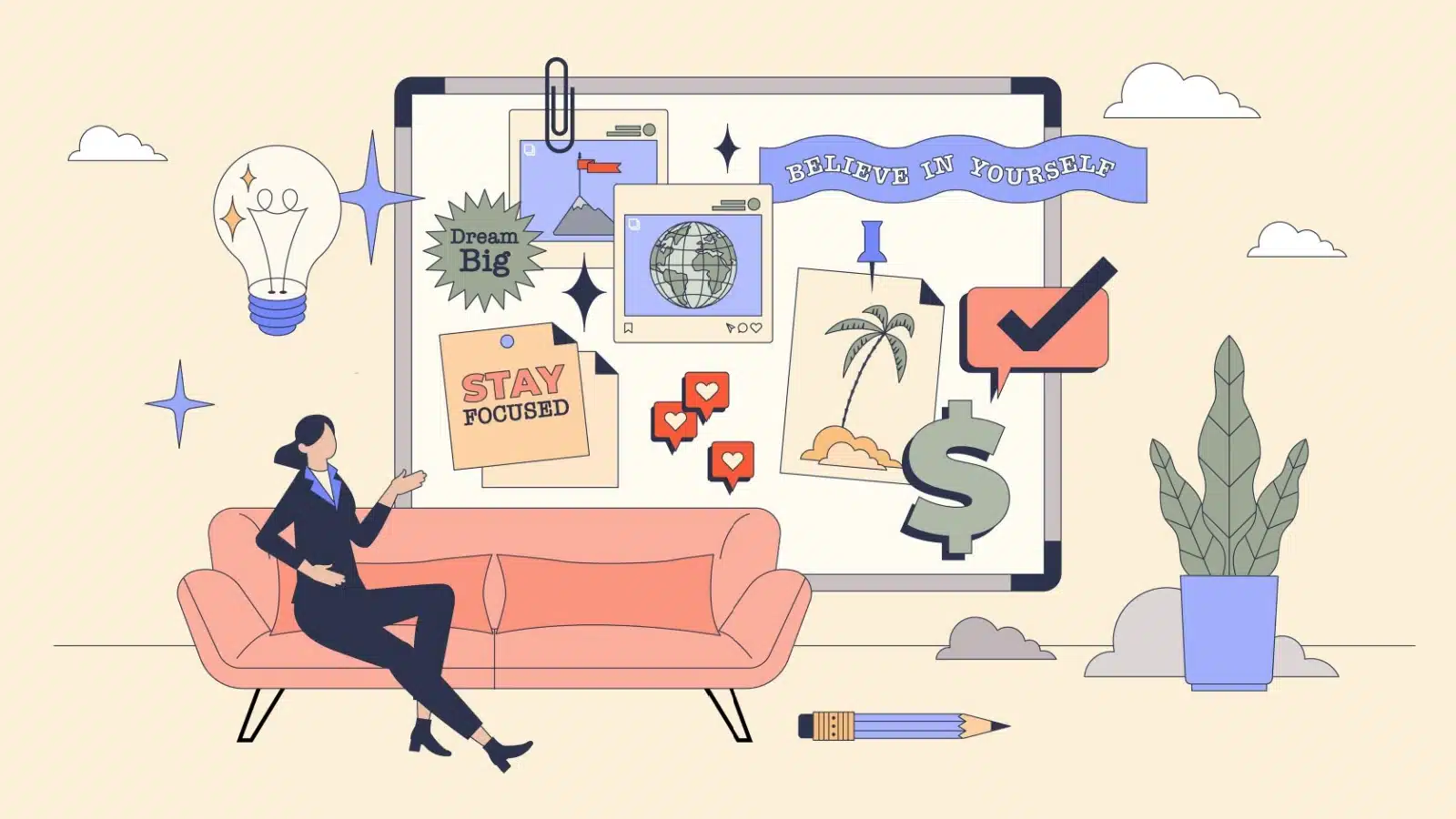 A cartoon woman with a massive vision board highlighting her dream life.