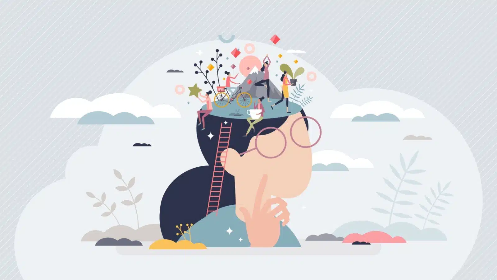 Graphic of a woman thinking about a variety of things in her head. She's visualizing herself biking, gardening, dreaming, and drinking tea.