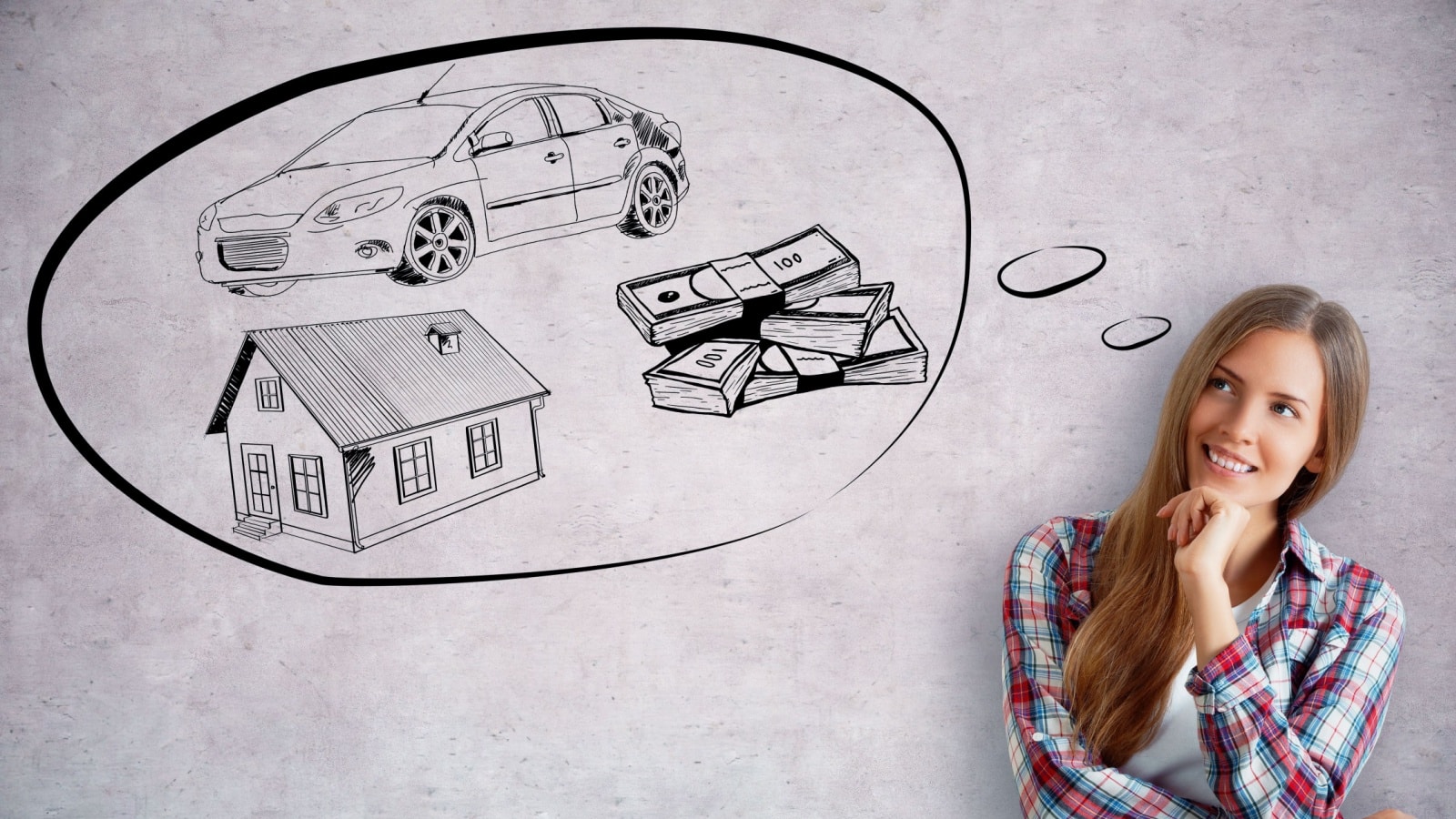 A woman using visualization to achieve her goals. She's thinking about a car, money and a house - as represented by the thought bubble with drawings of those objects next to her.