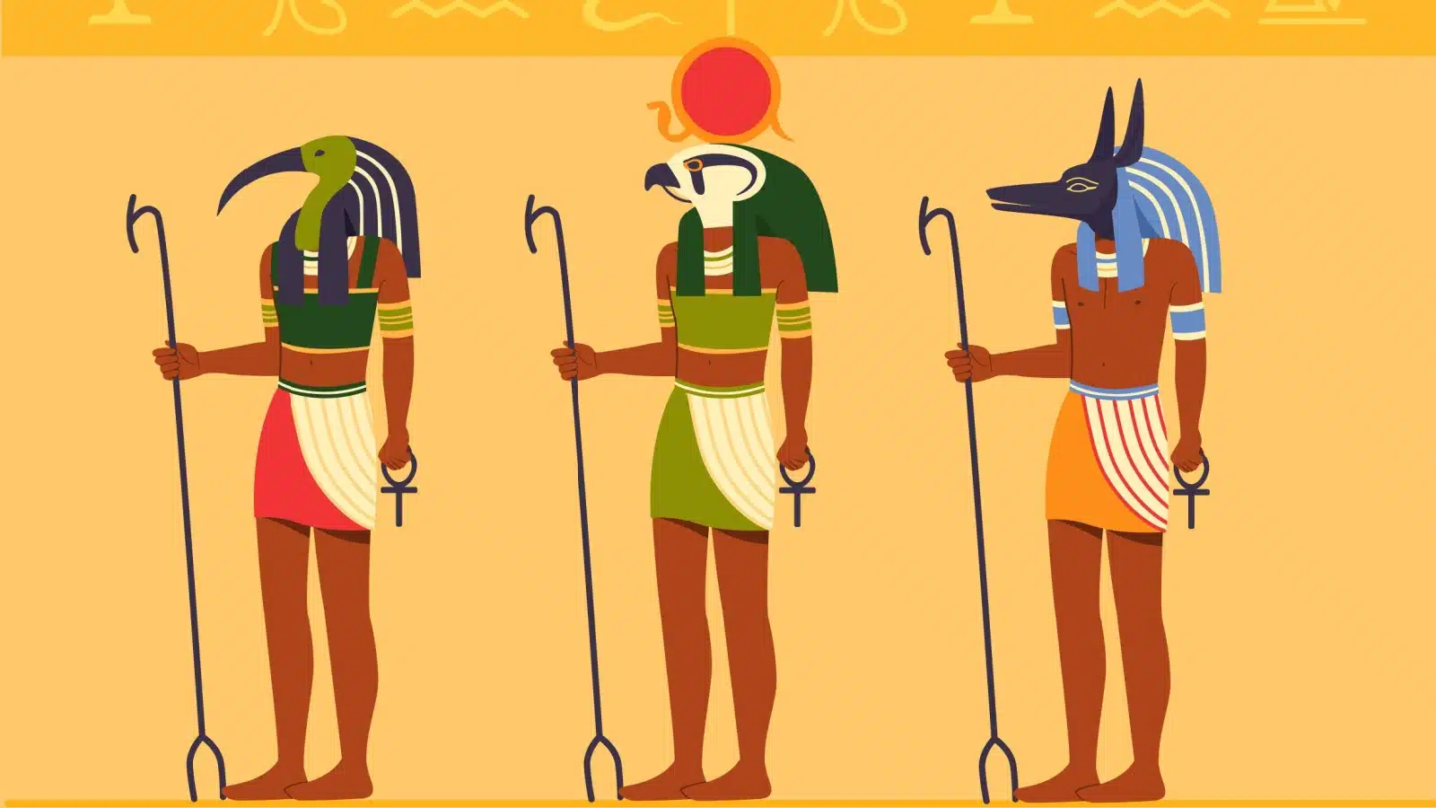Illustration of three Egyptian gods.