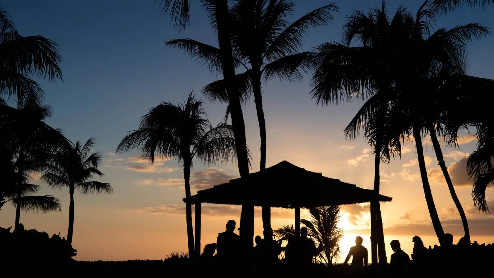 Tourists enjoying a sunset luau in Hawaii.