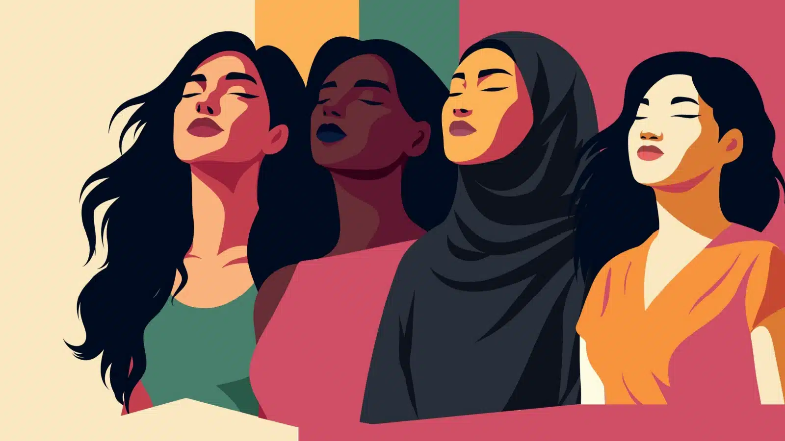 Illustration of four women from different cultures all hopeful for human rights.