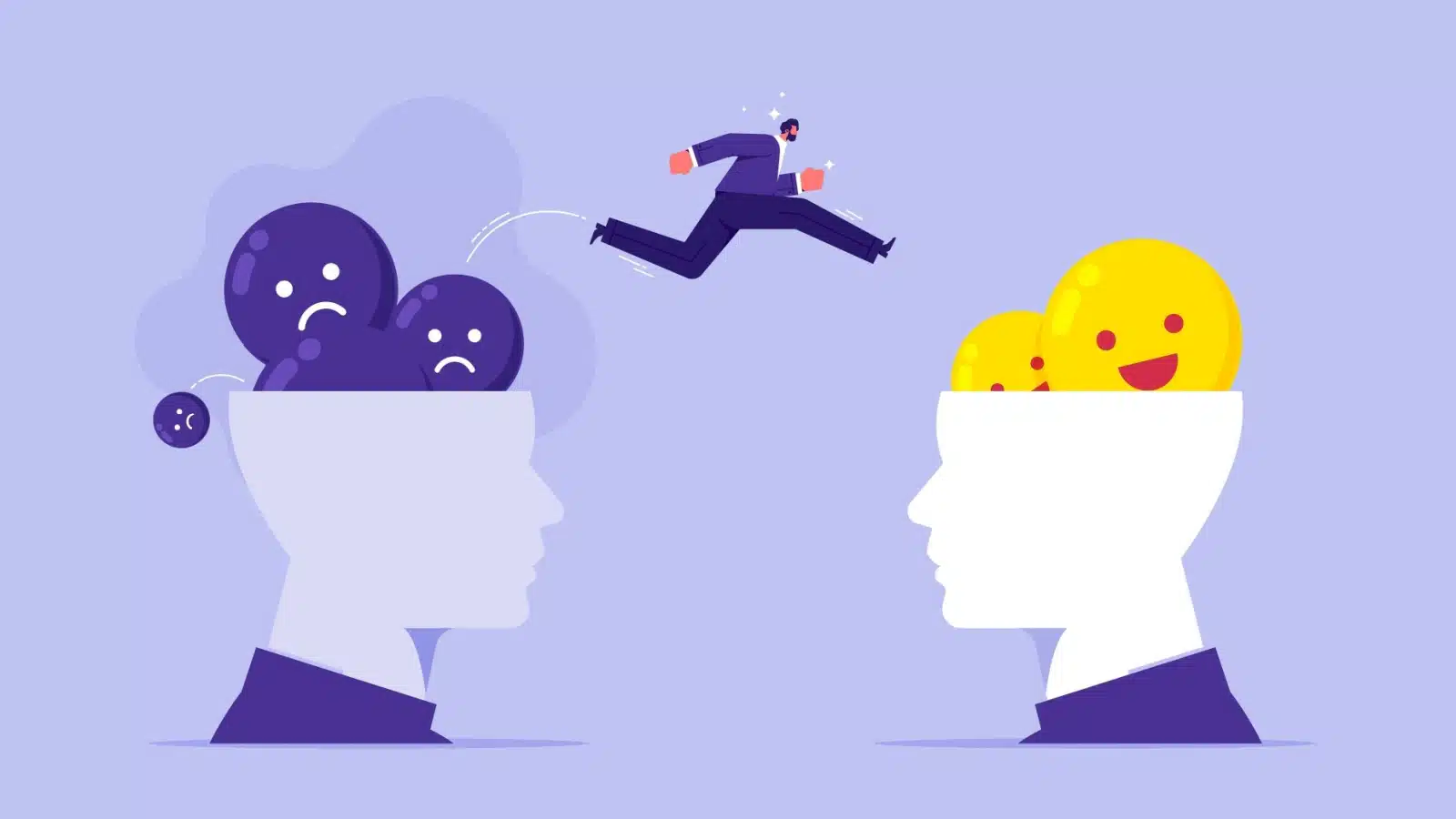 A cartoon shows a businessman developing a positive attitude by leaping from a head filled with sad faces to a head filled with happy faces.