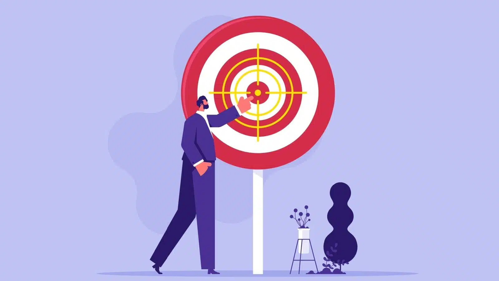 A man is focused on his goal, represented by crosshairs on a target sign.
