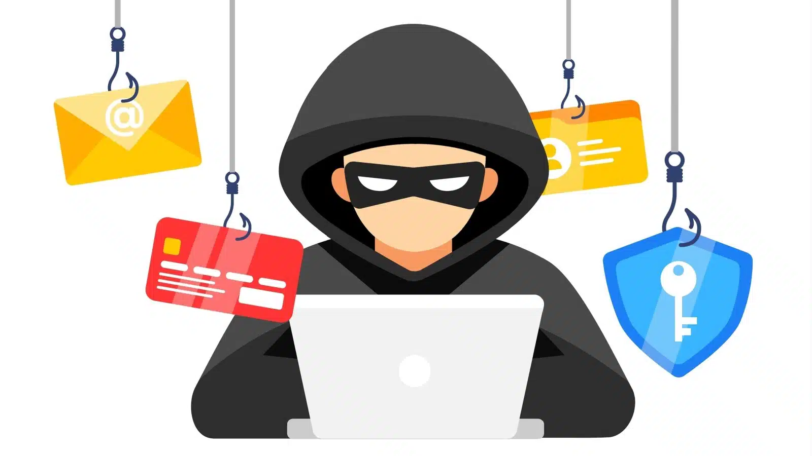Illustration of a hacker phishing for credit card information to help you prevent identify theft. 