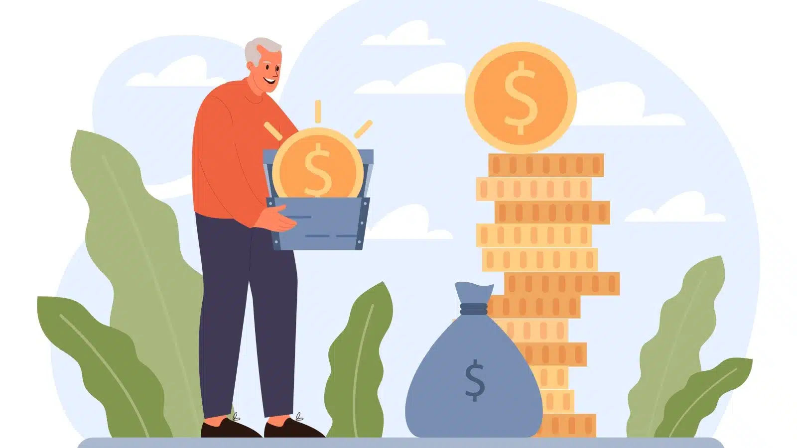 A man picks up a gold coin from a garden where they are stacked in abundance.