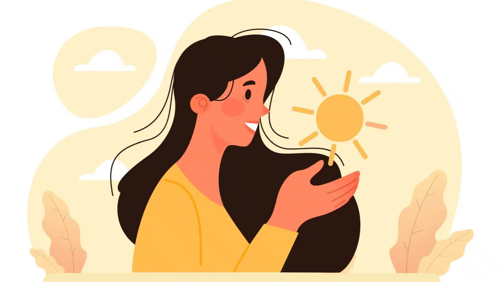 Cartoon featuring a woman looking toward the bright sun in her hand to represent optimism and happiness.