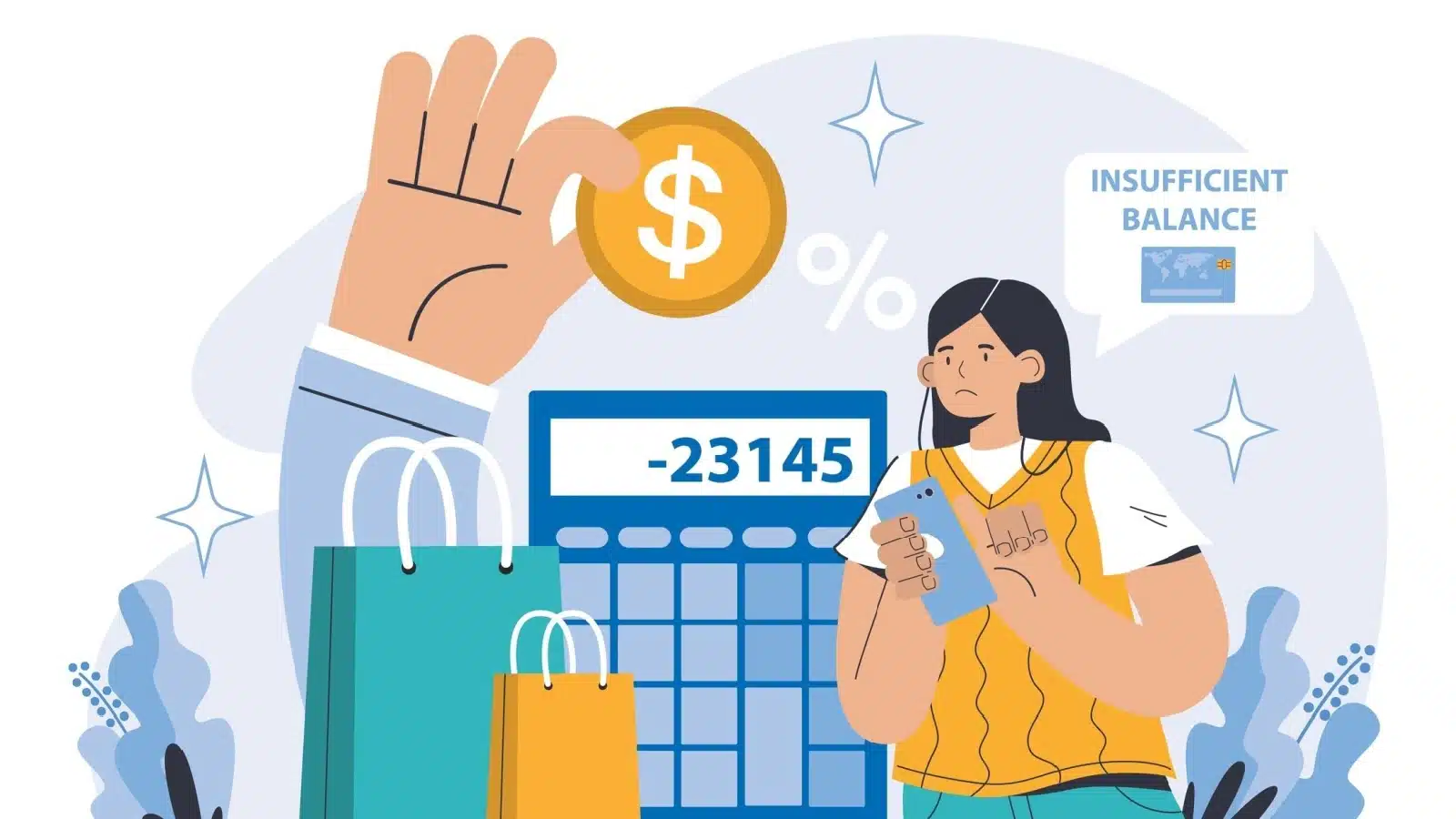 A woman has insufficient funds in her bank account and gets overdraft fees.