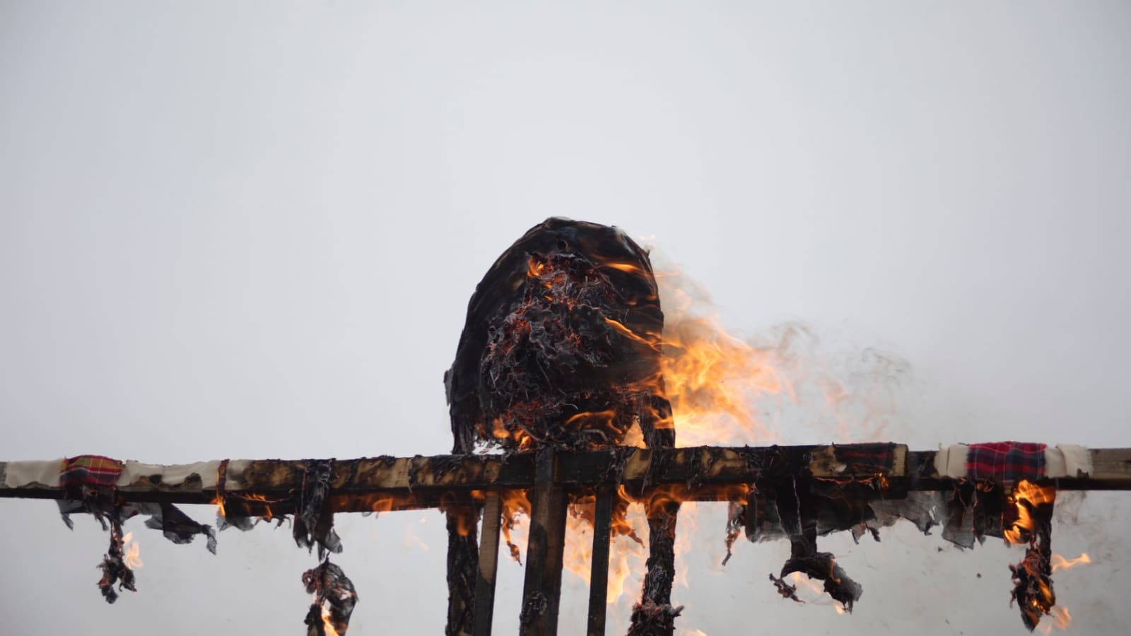 A burning effigy to represent Paganism. The image shows the Slavic tradition of burning the figure of winter to welcome spring.
