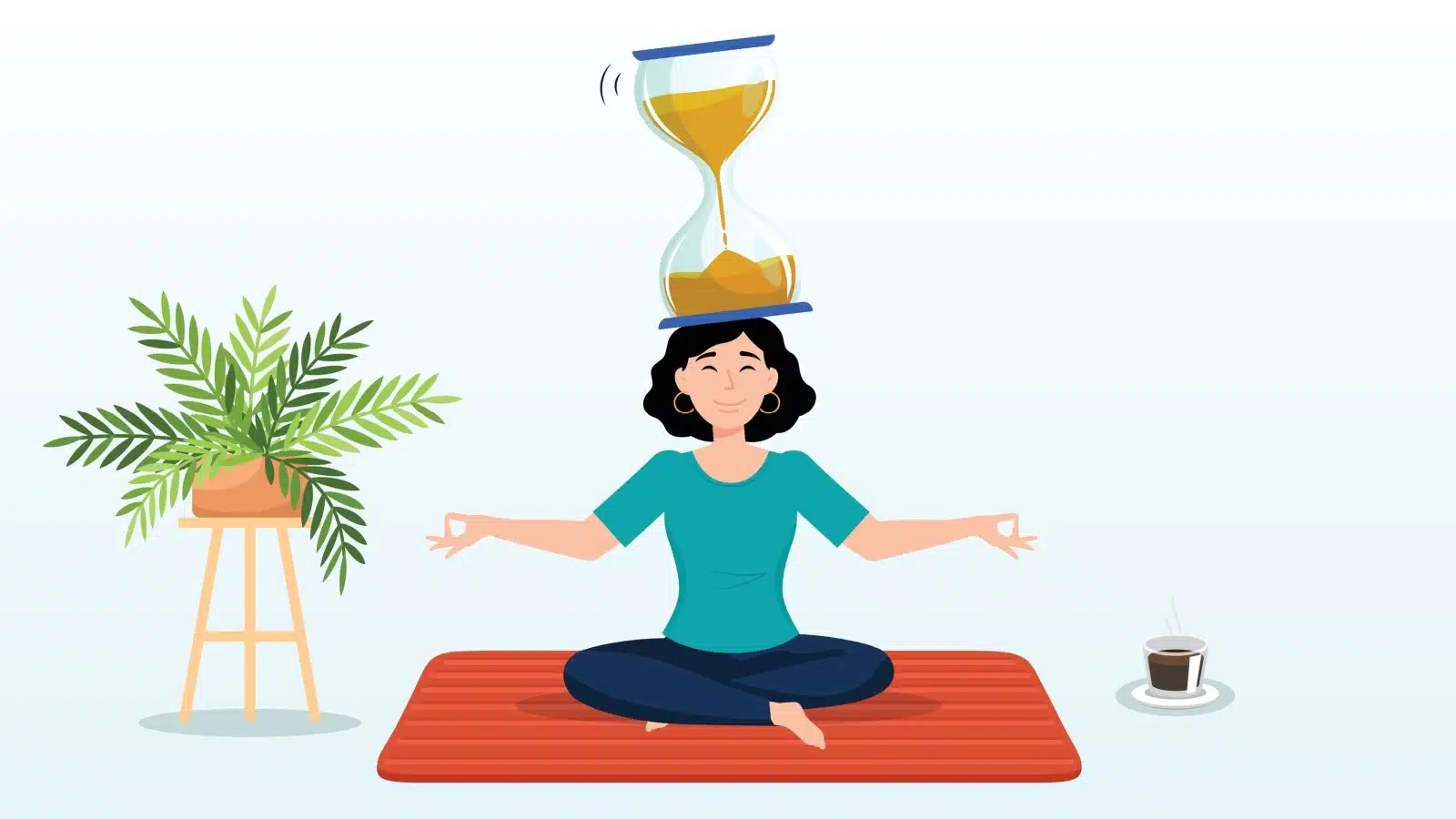 A woman meditates with an hourglass on her head to represent patience.