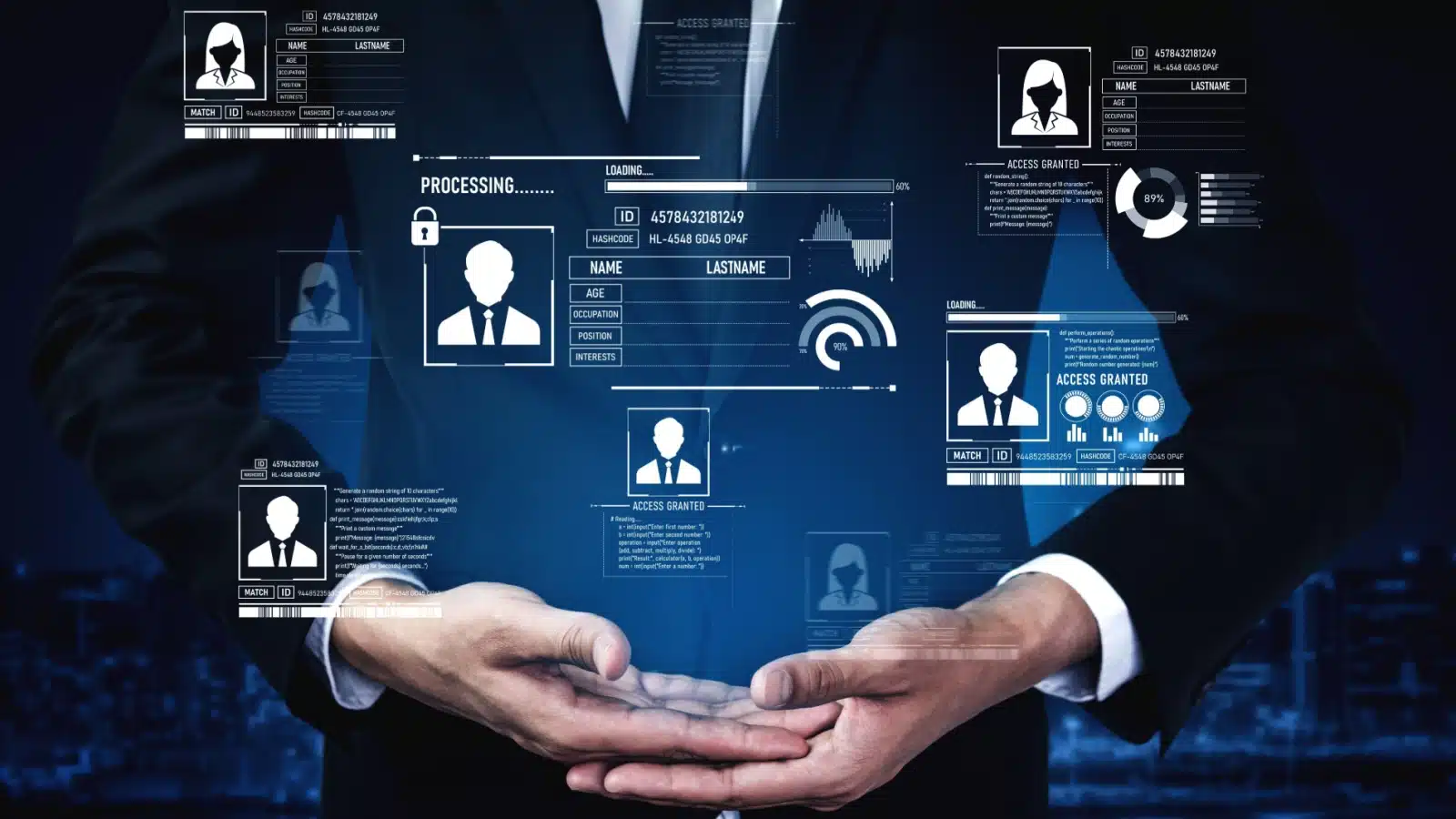 A business person stands behind icons representing personally identifiable information.