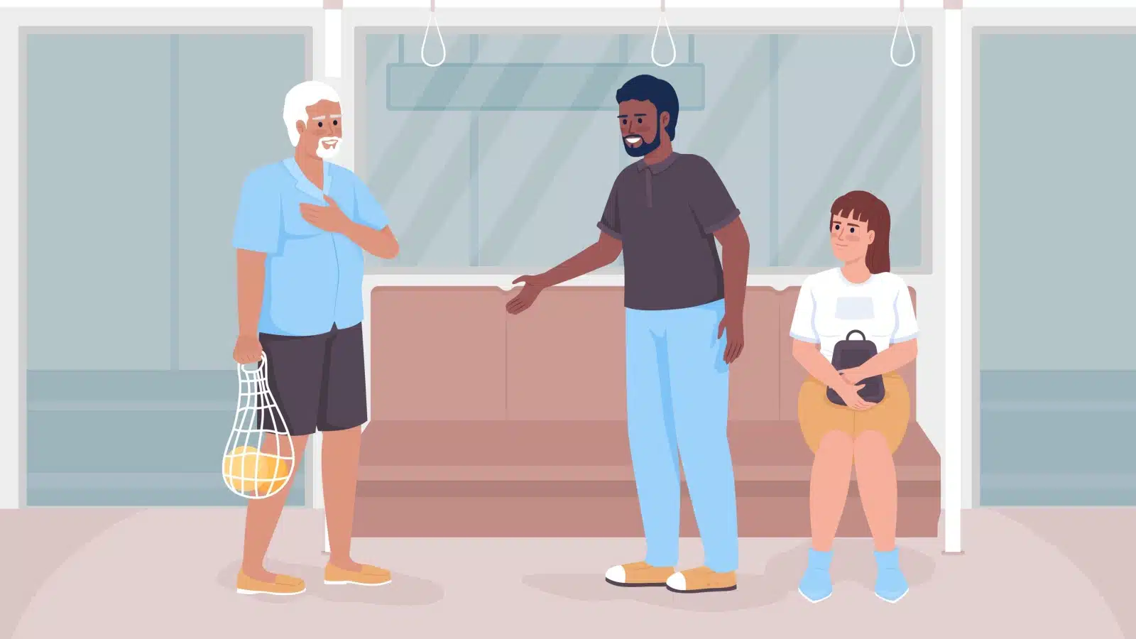 Cartoon illustrating polite people showing good manners on a bus.