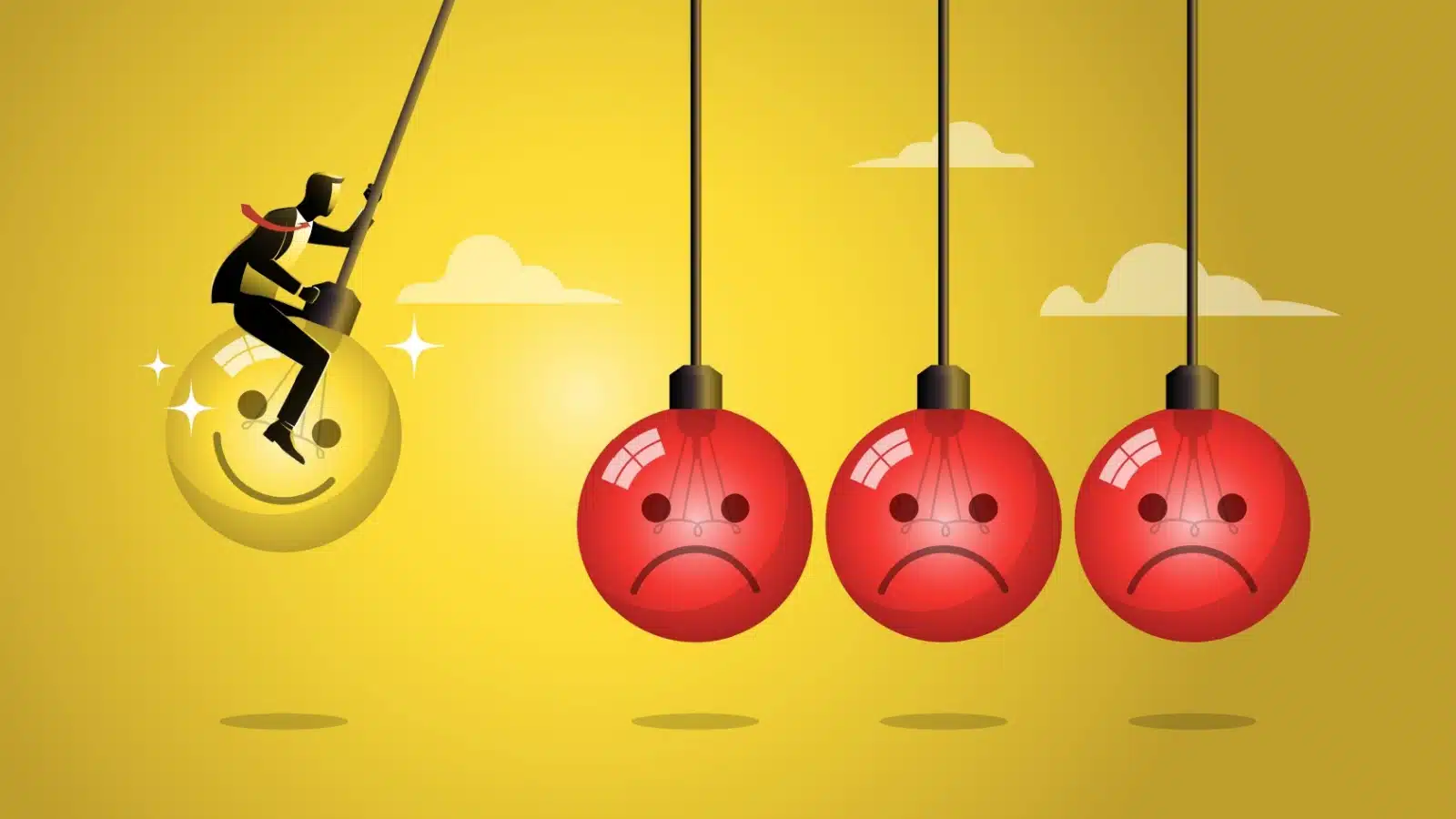 Cartoon featuring a businessman riding a giant pendulum with a happy face on it that's about to break through three static negative faces.