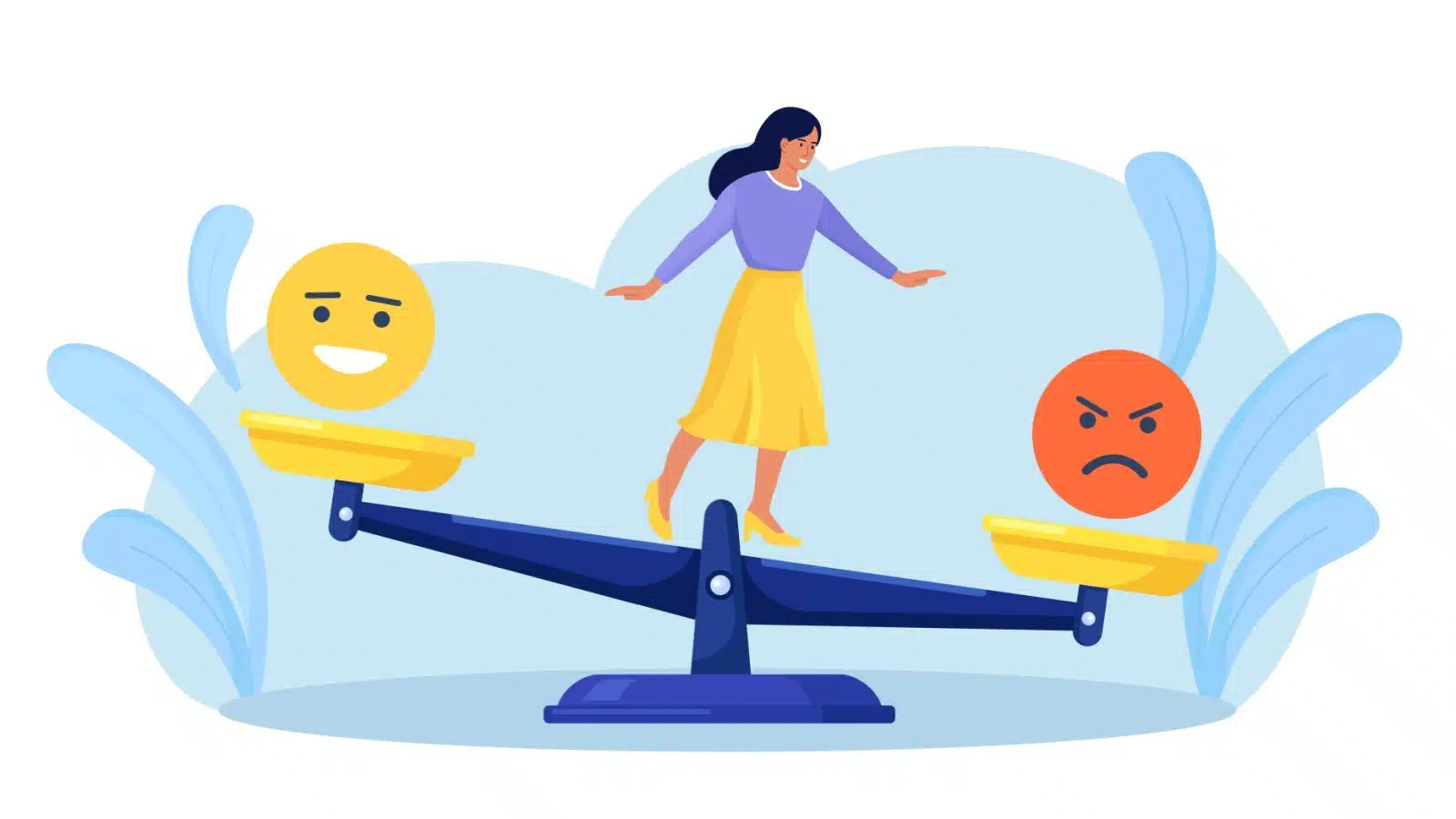 Cartoon of a woman balancing between positivity and negativity to represent emotional intelligence.