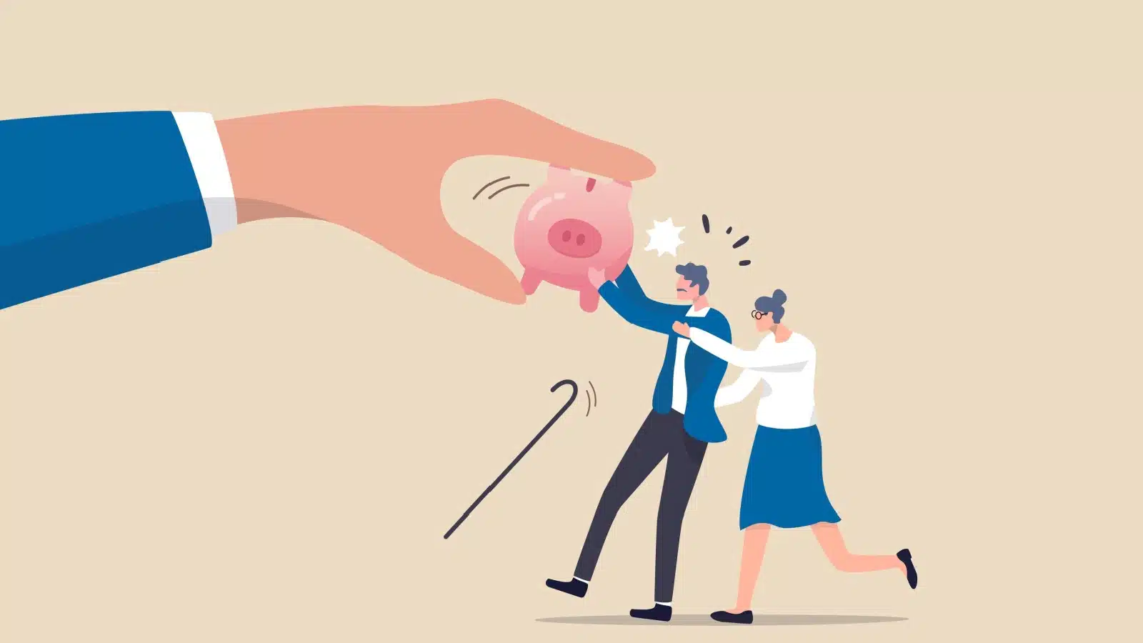 Cartoon graphic of a giant arm trying to steal a piggy bank from a small retired couple.