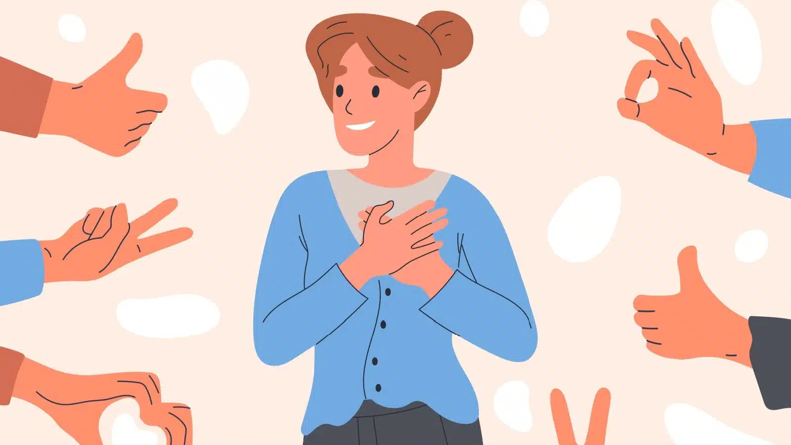 A happy woman is surrounded by hands giving symbols of approval, to show they accept her choices.