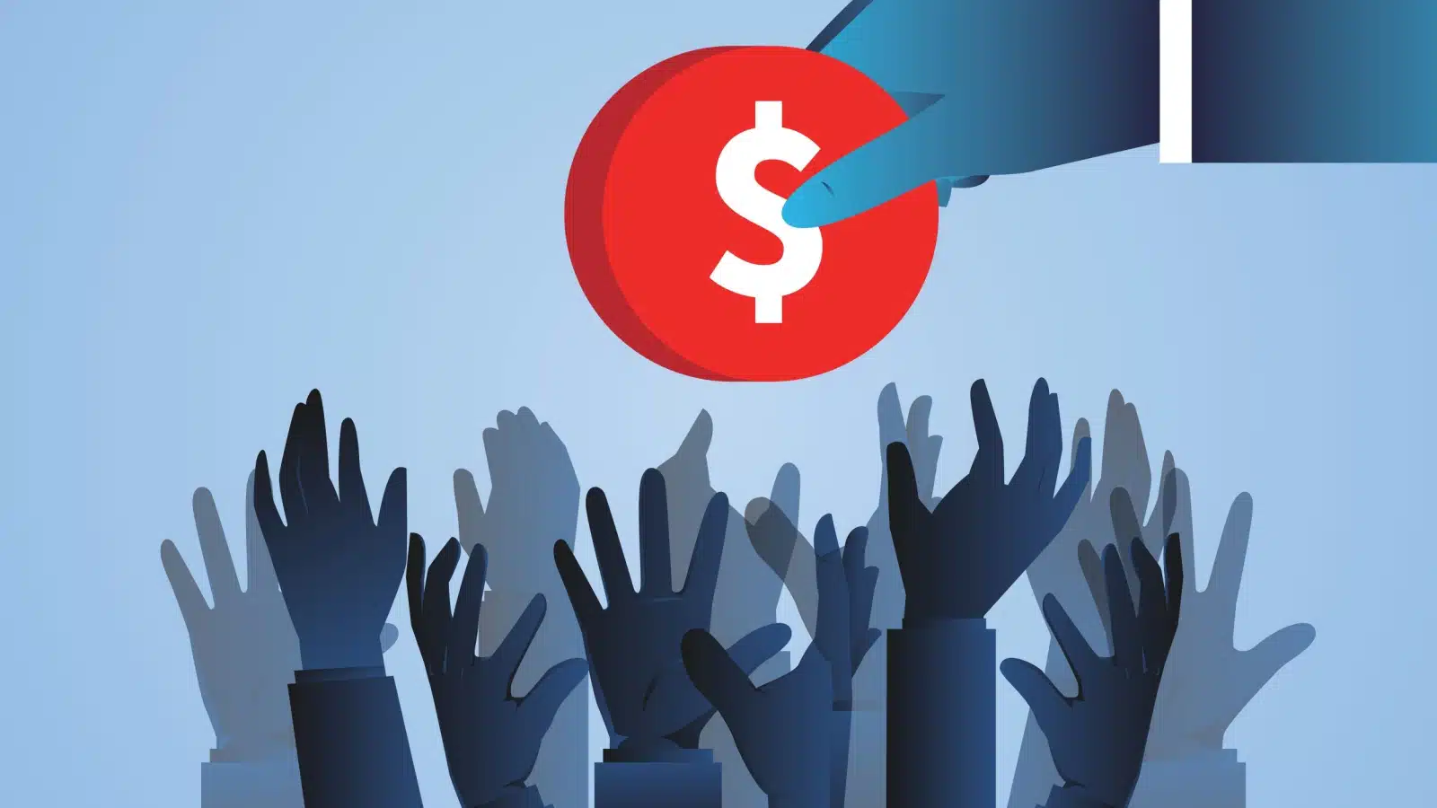 A hand dangles a single coin above a crowd of hands, all fighting for it to represent scarcity.