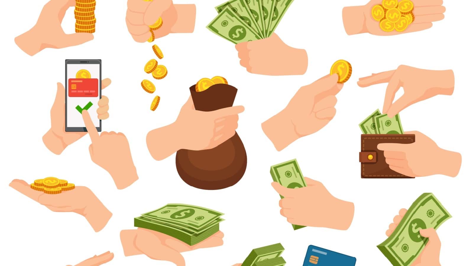 Icons showing hands spending various forms of money.