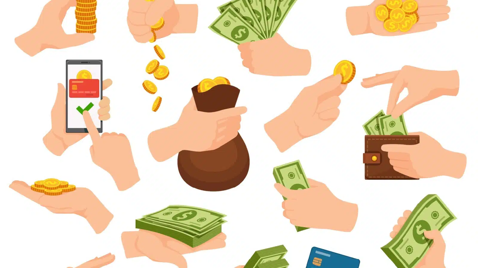 Icons showing hands spending various forms of money.