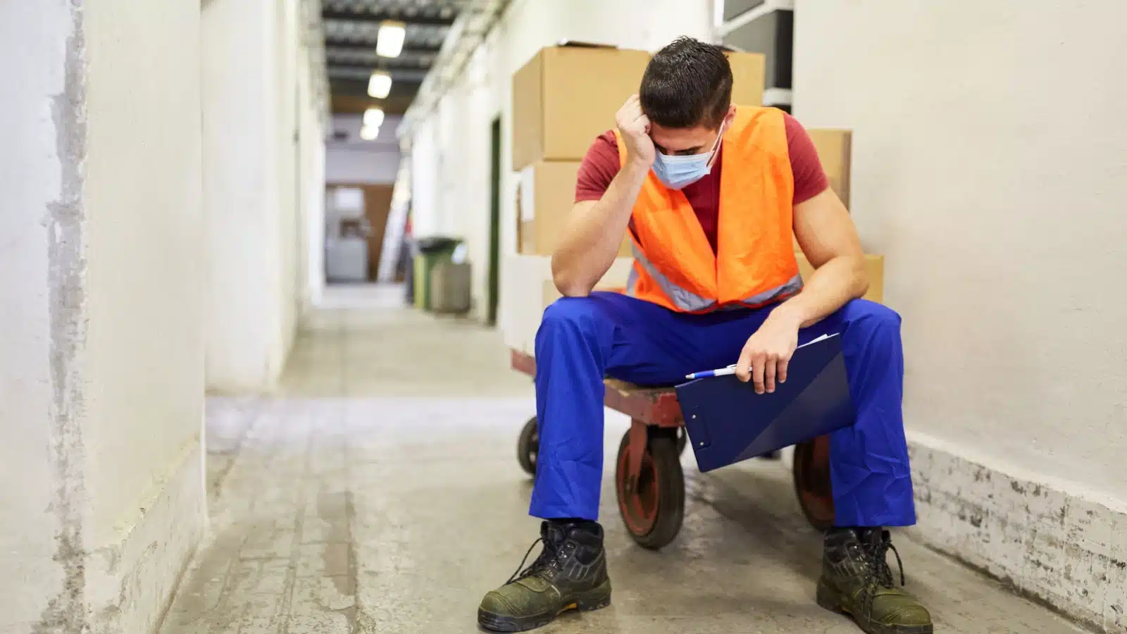 A tried warehouse worker rests while working overtime.