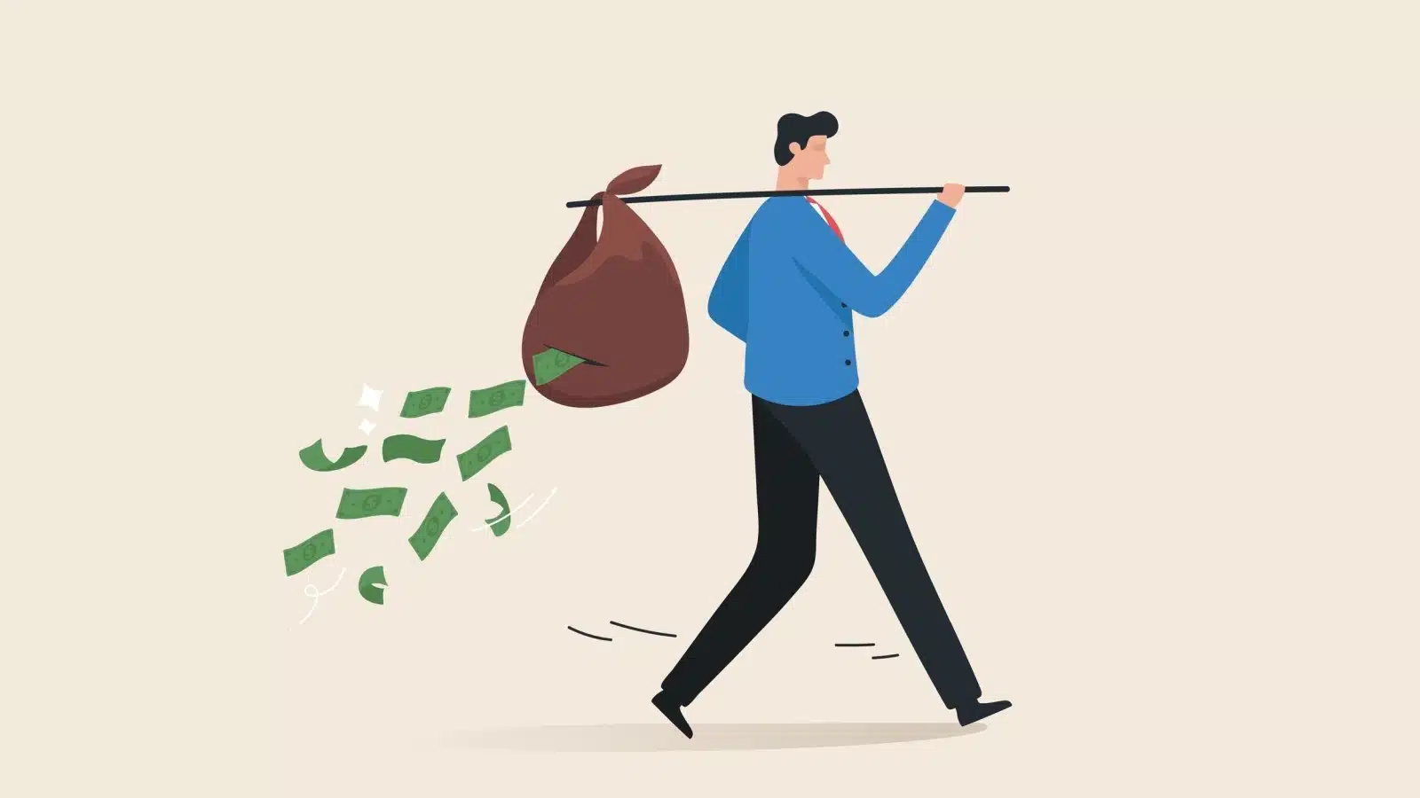 A man walks with a giant bag of money, but he doesn't notice there's a hole in the bag, so he's wasting money with every step.