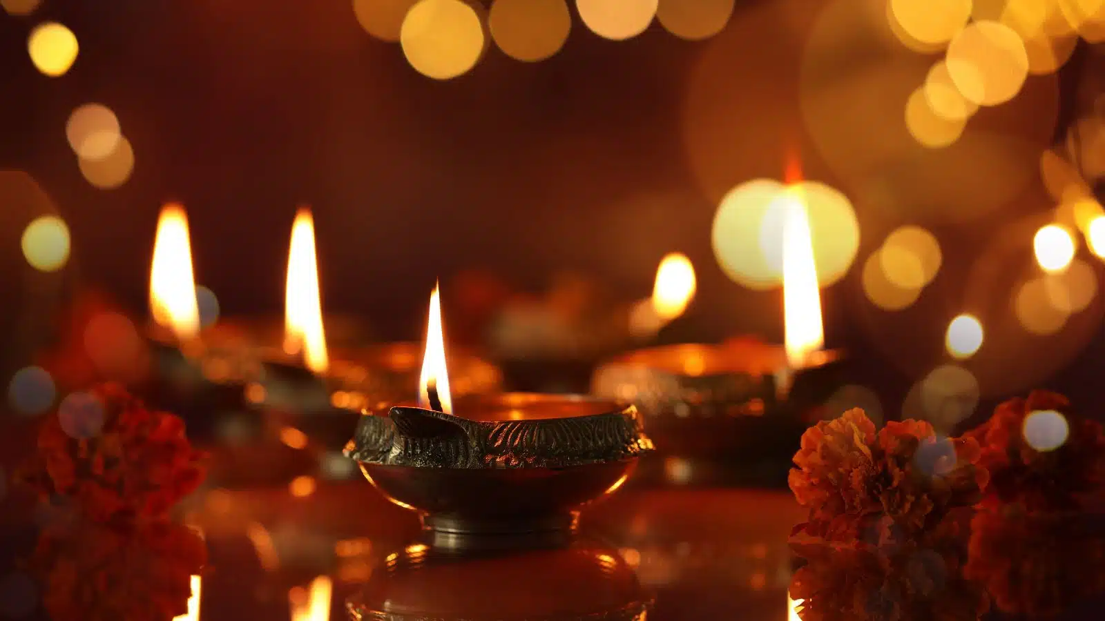 Oil lamps lit in celebration of the Hindu festival Diwali.