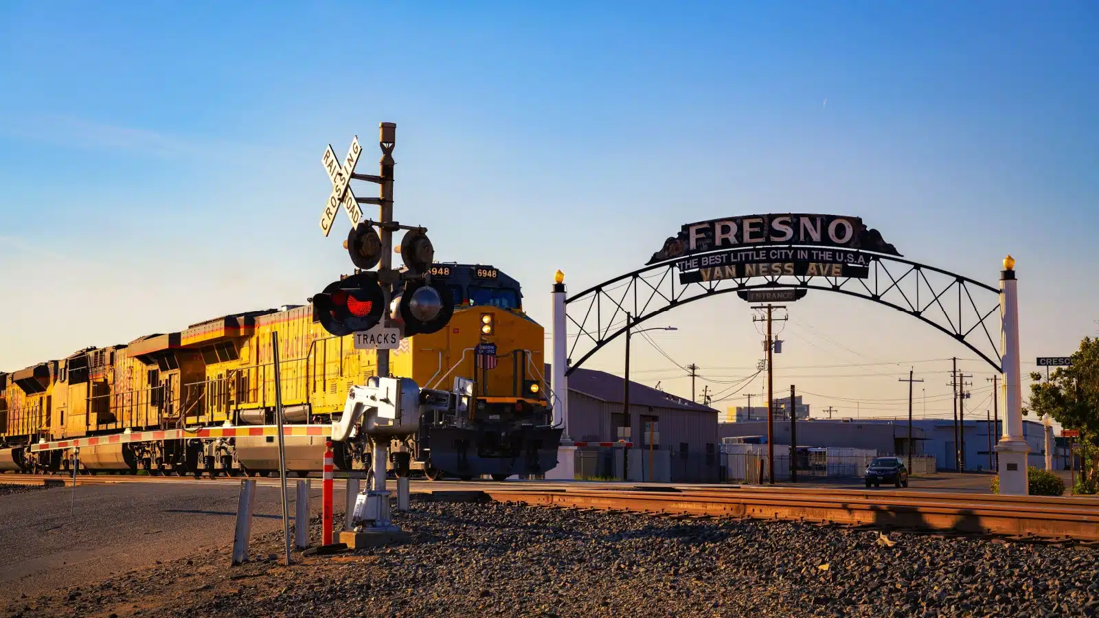 A training nearing the welcome to Fresno sign.