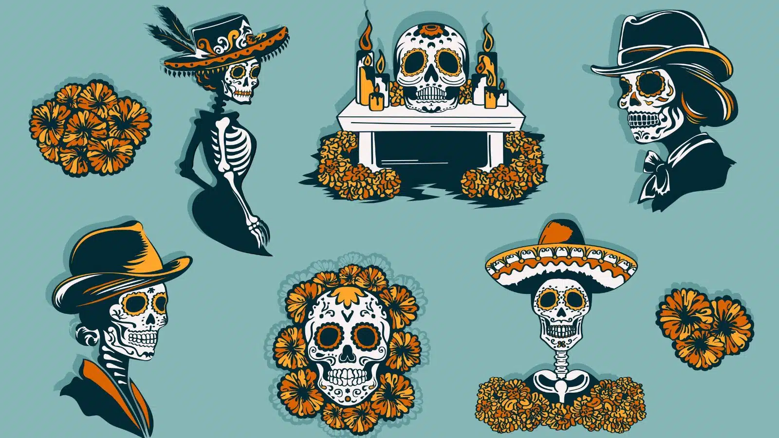 Hand drawn set of day of the dead stickers featuring imagery representing the holiday.