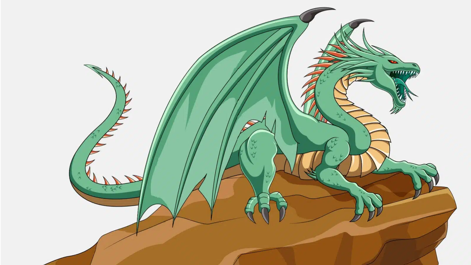 Illustration of a green dragon on a cliff.