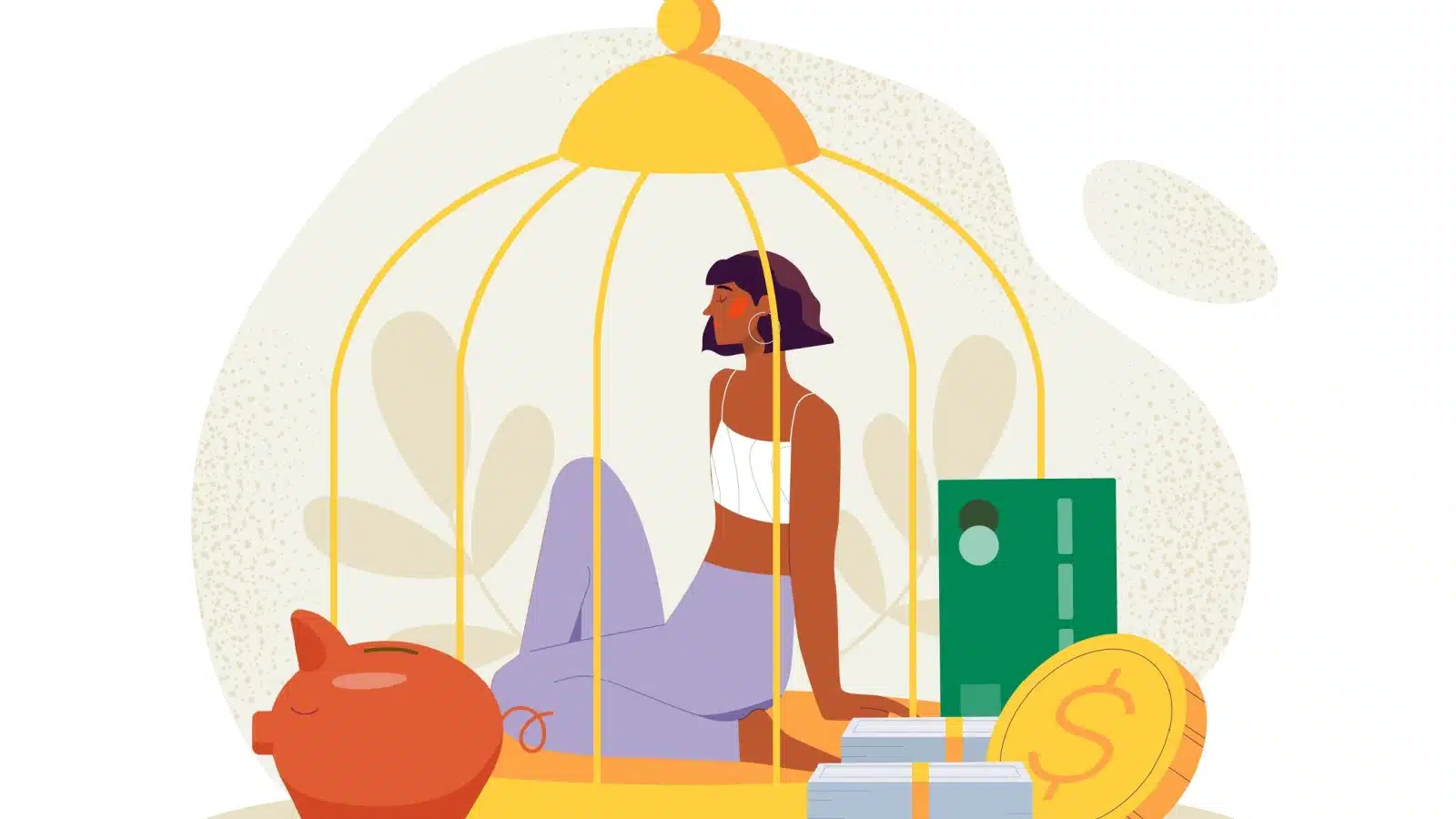 Graphic of a woman locked in a cage without access to money to represent economic abuse.