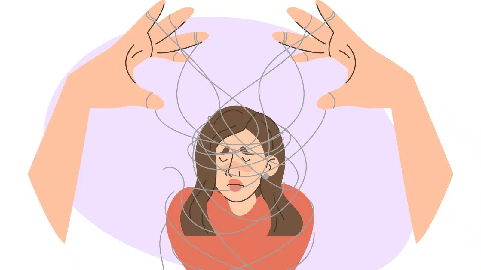 Illustration of hands purposefully tangling threads around a woman's head to represent emotional abuse and gaslighting.