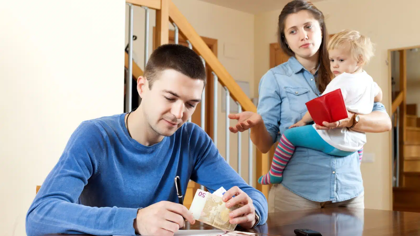 A man withholds the family income from his wife and child. This is an example of financial abuse.