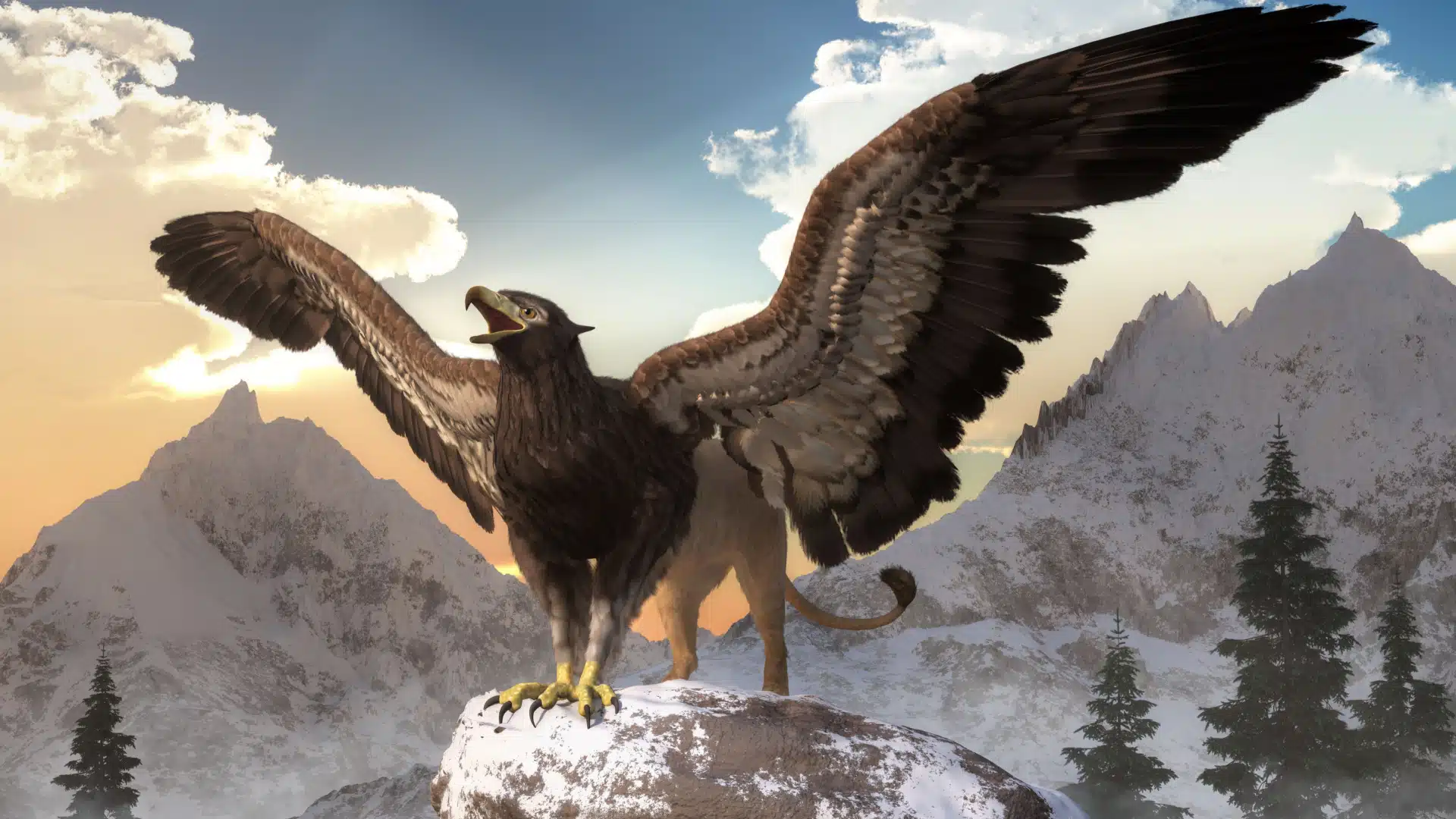 The legendary griffin, spreading his wings on a mountain top.