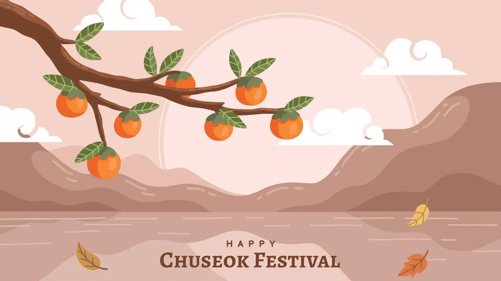 Illustration of a bright orange tree branch in front of a subtle full moon with the words "Happy Chuseok Festival"